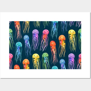 Rainbow Watercolor Jellies on Dark Teal Posters and Art